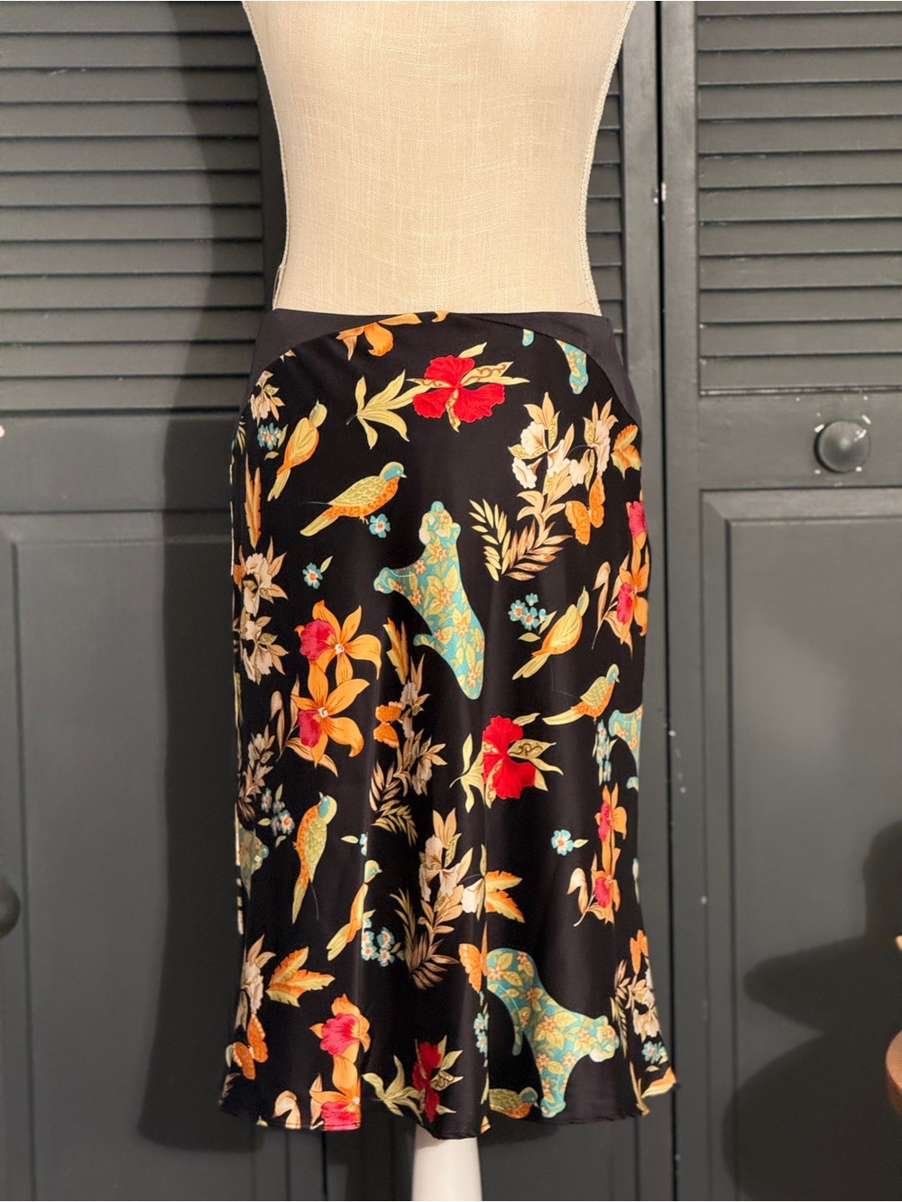 NWT Tori Richard Eden Silk Blend Tropical Bird Leopard Print Midi Skirt Sz 8